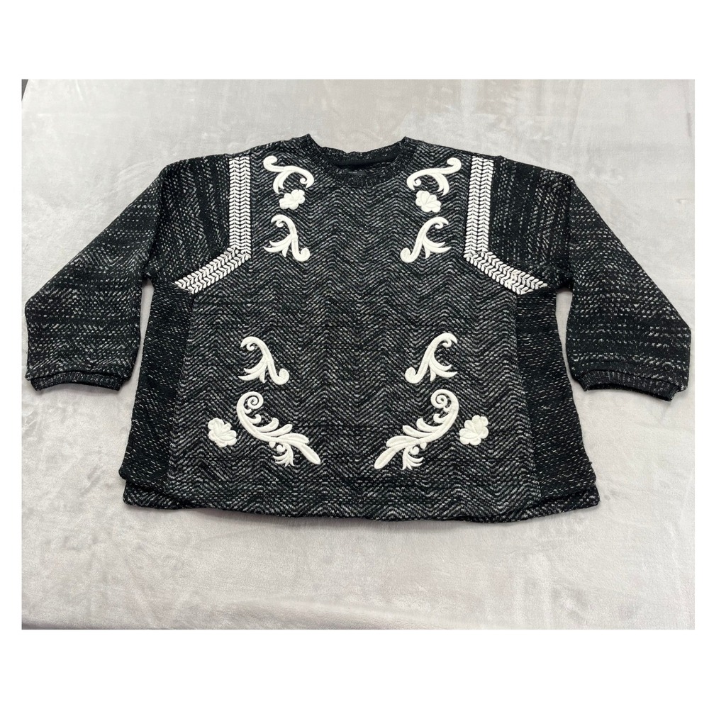Lucky Brand Embroidered Twill Sweater Women 2XL Black White Chevron Knit Boho